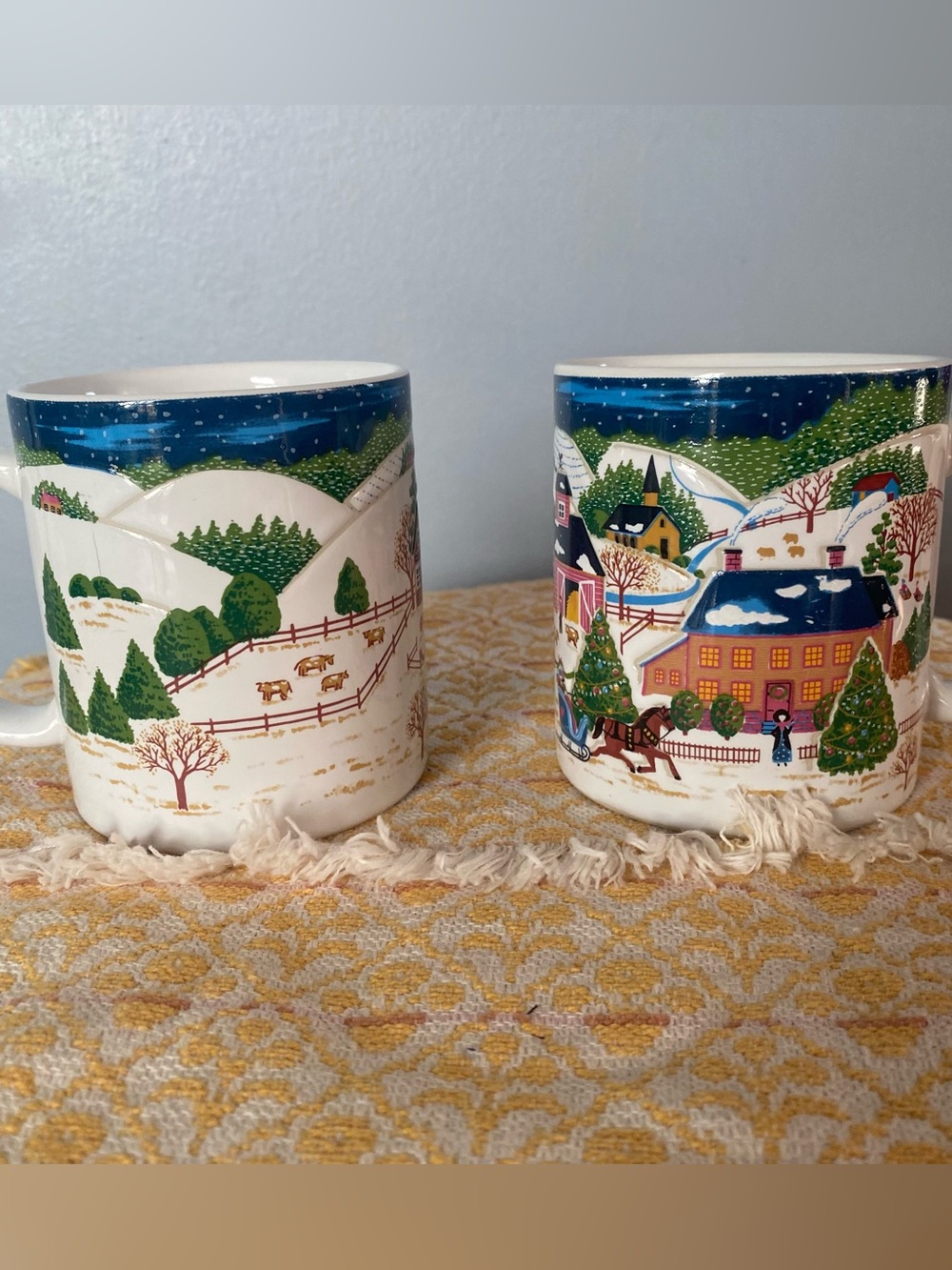 VTG Otagiri Gibson greeting Winter Village Mugs in Blue, Green, White. Set of 2